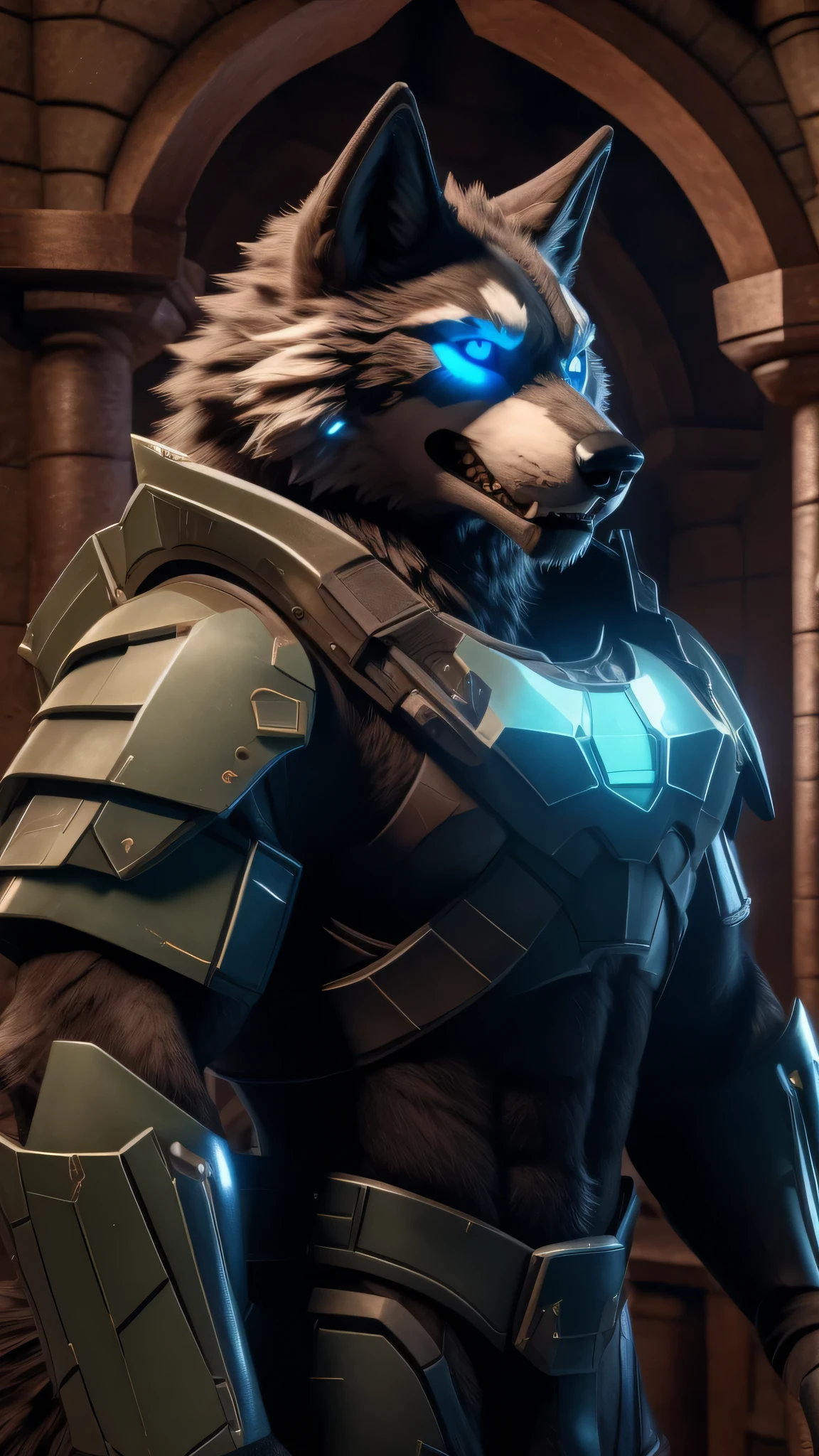 Sexy posting, Male, 30 years old, cute, eyeliner, big evil grin, anthro, wolf ears, (black fur:1.0), Timberwolf, inside castle background, 8k, hi res, (best quality, masterpiece), (wolf tail:1.5), detailed fur, solo, glowing blue eyes, mark two power armour, detailed face, detailed eyes,