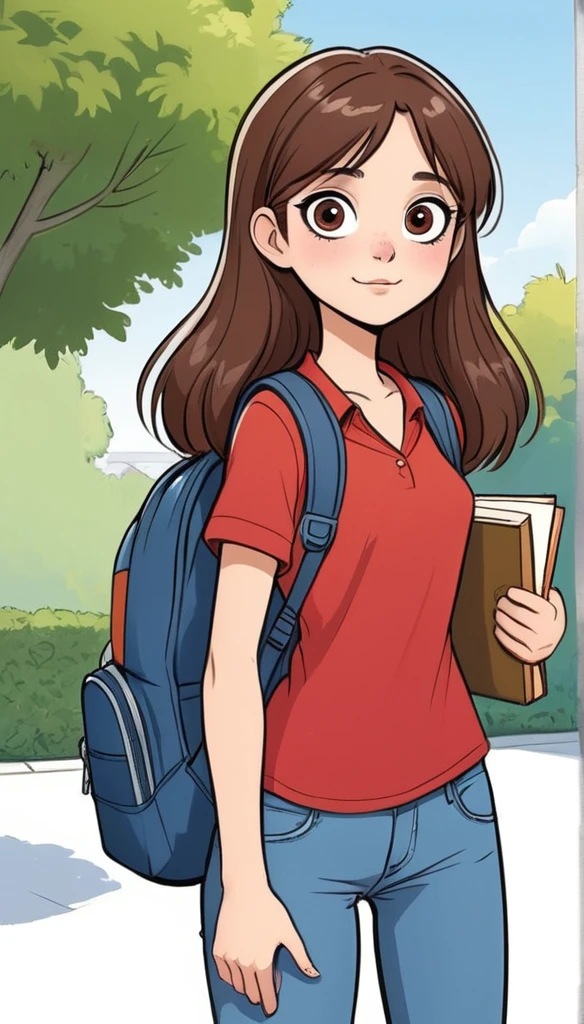 funny cartoon comics, (1 girl, solo), (girl is young, teenager, (brown long hair), standing, looking at the viewer, carrying a backpack, (holding some books under her arms), jeans, (red blouse), big eyes, slim body, Friendly expression on the face, (well-detailed face)), sunny day, (ultra detailed) ((best quality)), (full body), (white background), (side view)