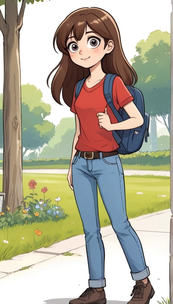 funny cartoon comics, (1 girl, solo), (girl is young, teenager, (brown long hair), standing, looking at the viewer, carrying a backpack, (holding some books under her arms), jeans, (red blouse), big eyes, slim body, Friendly expression on the face, (well-detailed face)), sunny day, (ultra detailed) ((best quality)), (full body), (white background), (side view)