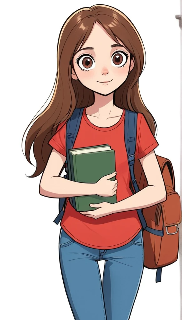 funny cartoon comics, (1 girl, solo), (girl is young, ager, (brown long hair), standing, looking at the viewer, carrying a backpack, (holding some books under her arms), jeans, (red blouse), big eyes, slim body, Friendly expression on the face, (well-detailed face)), sunny day, (ultra detailed) ((best quality)), (full body), (white background), (side view)