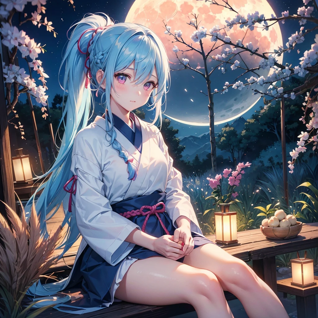 Sky blue hair, (Braided Ponytail:1.2), Pink eyes,Fair skin ,(whole body),(One Girl),Tsukimi,(White sweet dumplings ),White round dumplings,Japanese pampas grass,(beautiful, Full moon shining in the night sky),(masterpiece, Highest quality, Very detailed, Best Shadow), (Detailed Background), (Beautifully detailed face), High Contrast, (Best lighting, Very delicate and beautiful), ((Cinematic Light)), colorful, Hyper Detail,8k, Dramatic Light, Intricate details,Sit and eat dumplings while watching the moon,(Shadow of a rabbit on the moon),mysterious