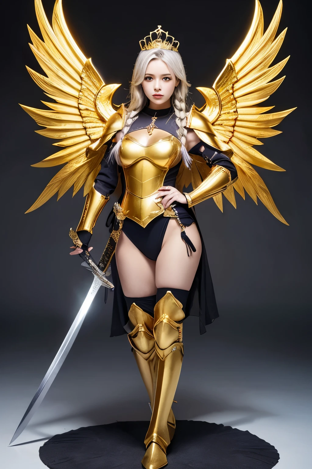 prick々Holy warrior in beautiful golden armor、Golden Wings、Golden Tiara、Full body golden armor、Dragon scale armor、Heavy golden armor、blue eyes、Silver Hair、Braided Hair、Big Breasts、Big Great Sword、