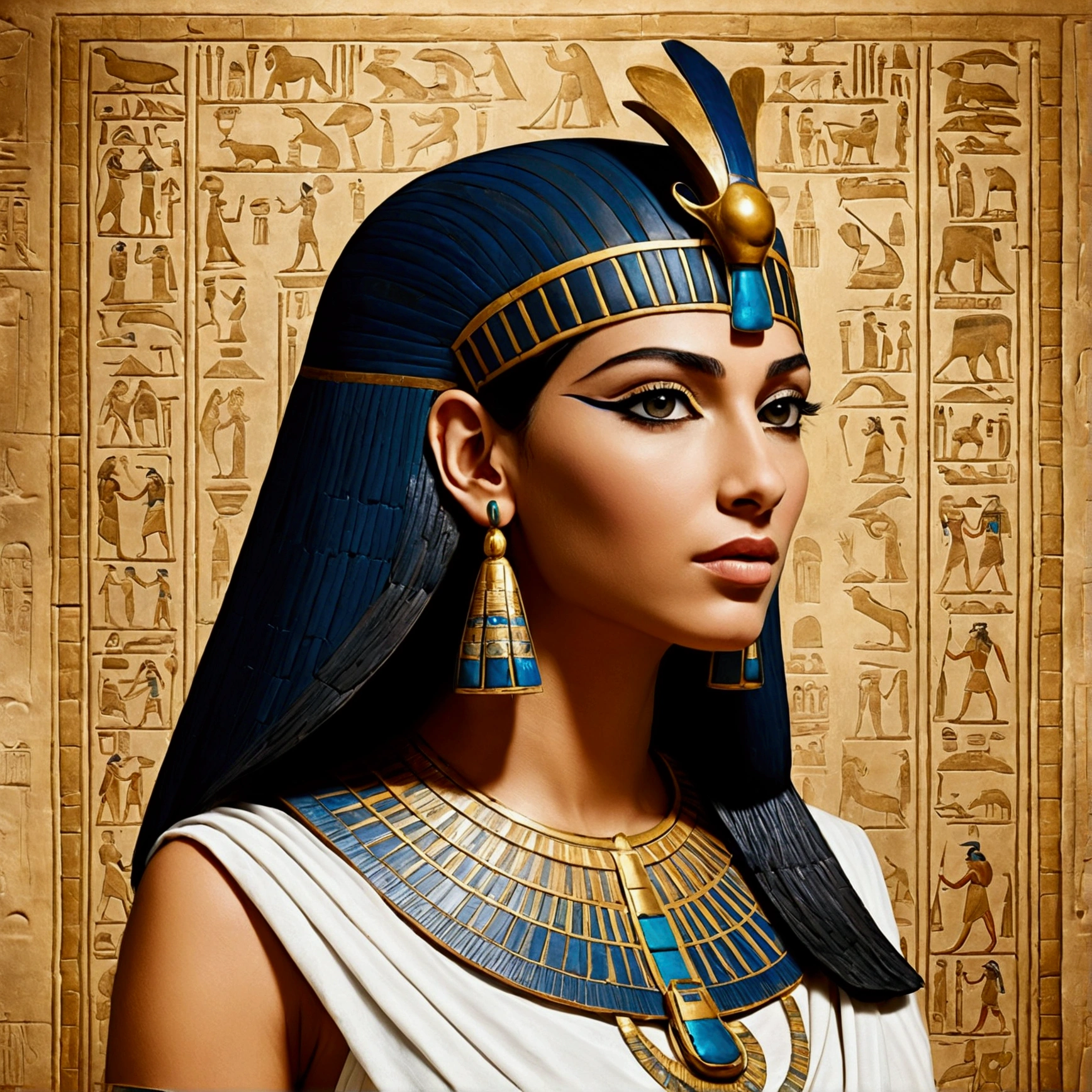 "Ancient Egyptian scroll background with elegant hieroglyphics, a portrait of Cleopatra with a crown and royal attire, bold text 'Shocking facts about Cleopatra that 90% of people don't know' in gold letters."