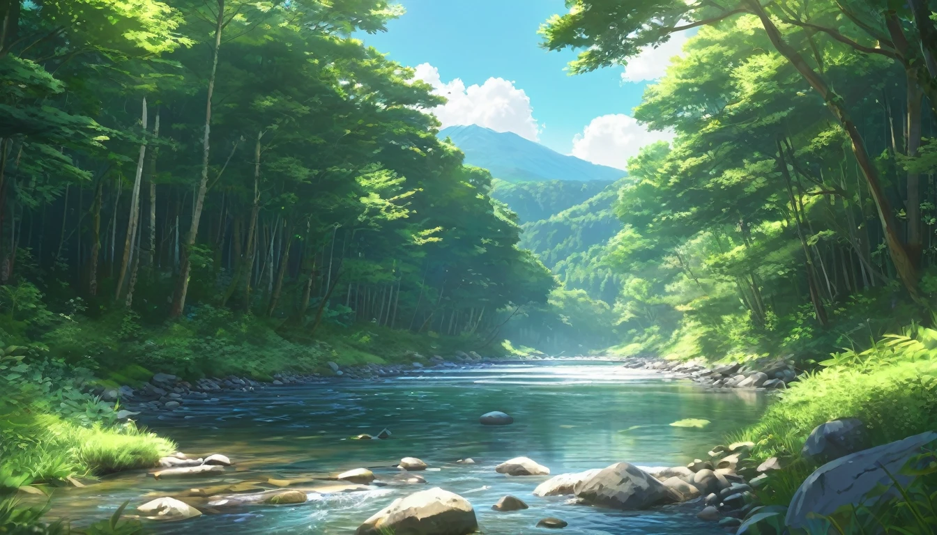 landscape, summer, Clear Stream, forest, unmanned, river, blue sky, Nobody, Distant Mountain々, HD detailed, Super detailed, movie, Hyperrealism, Soft Light, Deep Focus Bokeh, Ray Tracing, Hyperrealism. , アートステーション pixiv Gwise, Makoto Shinkai, ArtJam