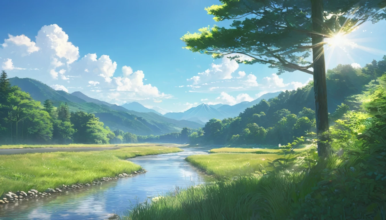 landscape, summer, Clear Stream, forest, unmanned, river, blue sky, Nobody, Distant Mountain々, HD detailed, Super detailed, movie, Hyperrealism, Soft Light, Deep Focus Bokeh, Ray Tracing, Hyperrealism. , アートステーション pixiv Gwise, Makoto Shinkai, ArtJam