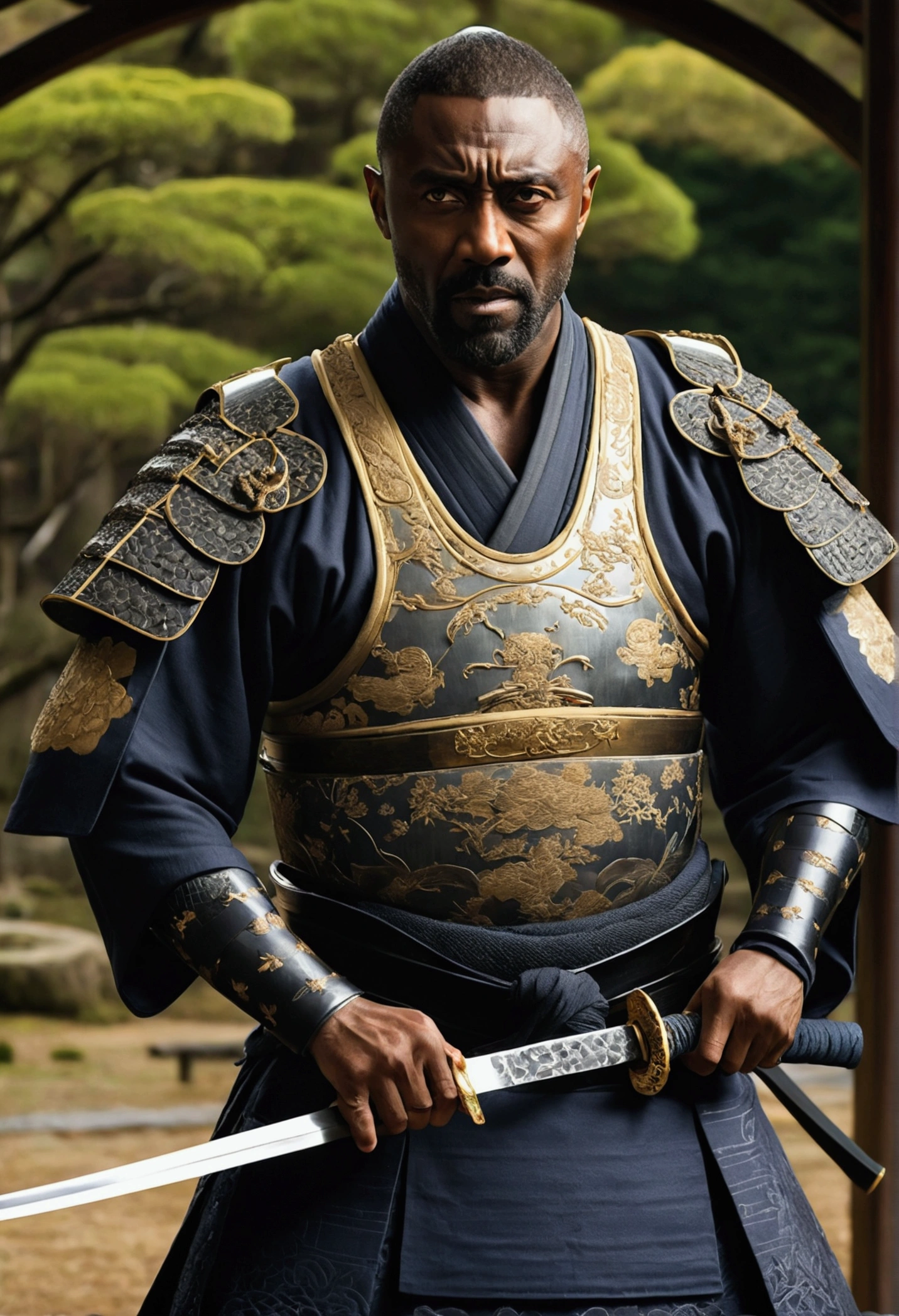 Cinematic photo of Idris Elba as a master swordsman in a historic samurai duel, capturing the essence of traditional Japanese martial artistry and honor. Idris Elba is depicted in a commanding stance, embodying the grace and precision of a master swordsman. He is dressed in traditional samurai armor that includes an ornate chest plate with intricate designs, highlighting his high status and skill. The armor features detailed engravings and metalwork, reflecting the craftsmanship and artistry of the period.His shoulder pads are elaborate, with layered plating that provides both protection and mobility. The dark, flowing kimono beneath the armor is rich in texture and adorned with intricate embroidery that highlights traditional Japanese patterns, adding an element of elegance to his appearance. Elba wields a beautifully crafted katana, the blade gleaming with a sharp, polished edge. He holds the katana with a poised and disciplined grip, ready for the duel. The katana’s hilt is ornate, with a design that complements the historic setting and his armor. The background features a dramatic, historical setting for the duel, possibly a serene garden or a traditional dojo with wooden structures and subtle, natural elements. The lighting is dynamic, casting dramatic shadows and highlighting the details of Elba ’s armor and the katana, creating a powerful visual contrast. His expression is focused and intense, reflecting the seriousness and dedication of a seasoned warrior. The high-resolution image captures the textures of the samurai armor, the fluid movement of the kimono, and the gleam of the katana, providing a vivid and immersive portrayal of Idris Elba as a master swordsman in a historic samurai duel.