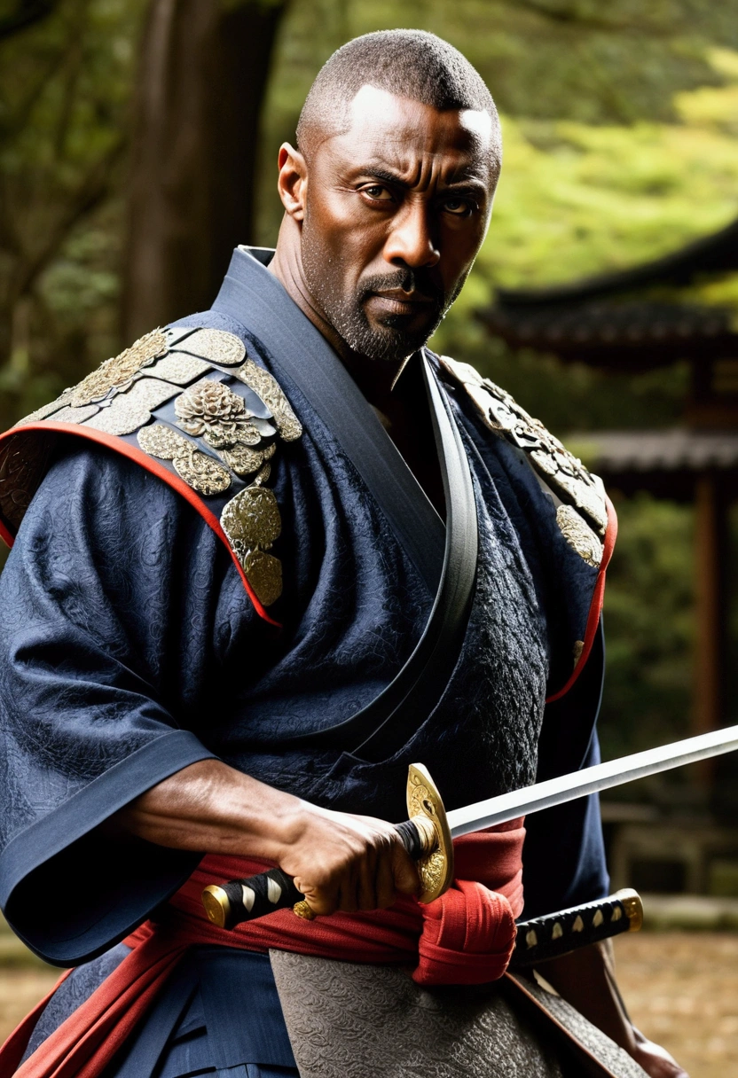 Cinematic photo of Idris Elba as a master swordsman in a historic samurai duel, capturing the essence of traditional Japanese martial artistry and honor. Idris Elba is depicted in a commanding stance, embodying the grace and precision of a master swordsman. He is dressed in traditional samurai armor that includes an ornate chest plate with intricate designs, highlighting his high status and skill. The armor features detailed engravings and metalwork, reflecting the craftsmanship and artistry of the period.His shoulder pads are elaborate, with layered plating that provides both protection and mobility. The dark, flowing kimono beneath the armor is rich in texture and adorned with intricate embroidery that highlights traditional Japanese patterns, adding an element of elegance to his appearance. Elba wields a beautifully crafted katana, the blade gleaming with a sharp, polished edge. He holds the katana with a poised and disciplined grip, ready for the duel. The katana’s hilt is ornate, with a design that complements the historic setting and his armor. The background features a dramatic, historical setting for the duel, possibly a serene garden or a traditional dojo with wooden structures and subtle, natural elements. The lighting is dynamic, casting dramatic shadows and highlighting the details of Elba ’s armor and the katana, creating a powerful visual contrast. His expression is focused and intense, reflecting the seriousness and dedication of a seasoned warrior. The high-resolution image captures the textures of the samurai armor, the fluid movement of the kimono, and the gleam of the katana, providing a vivid and immersive portrayal of Idris Elba as a master swordsman in a historic samurai duel.