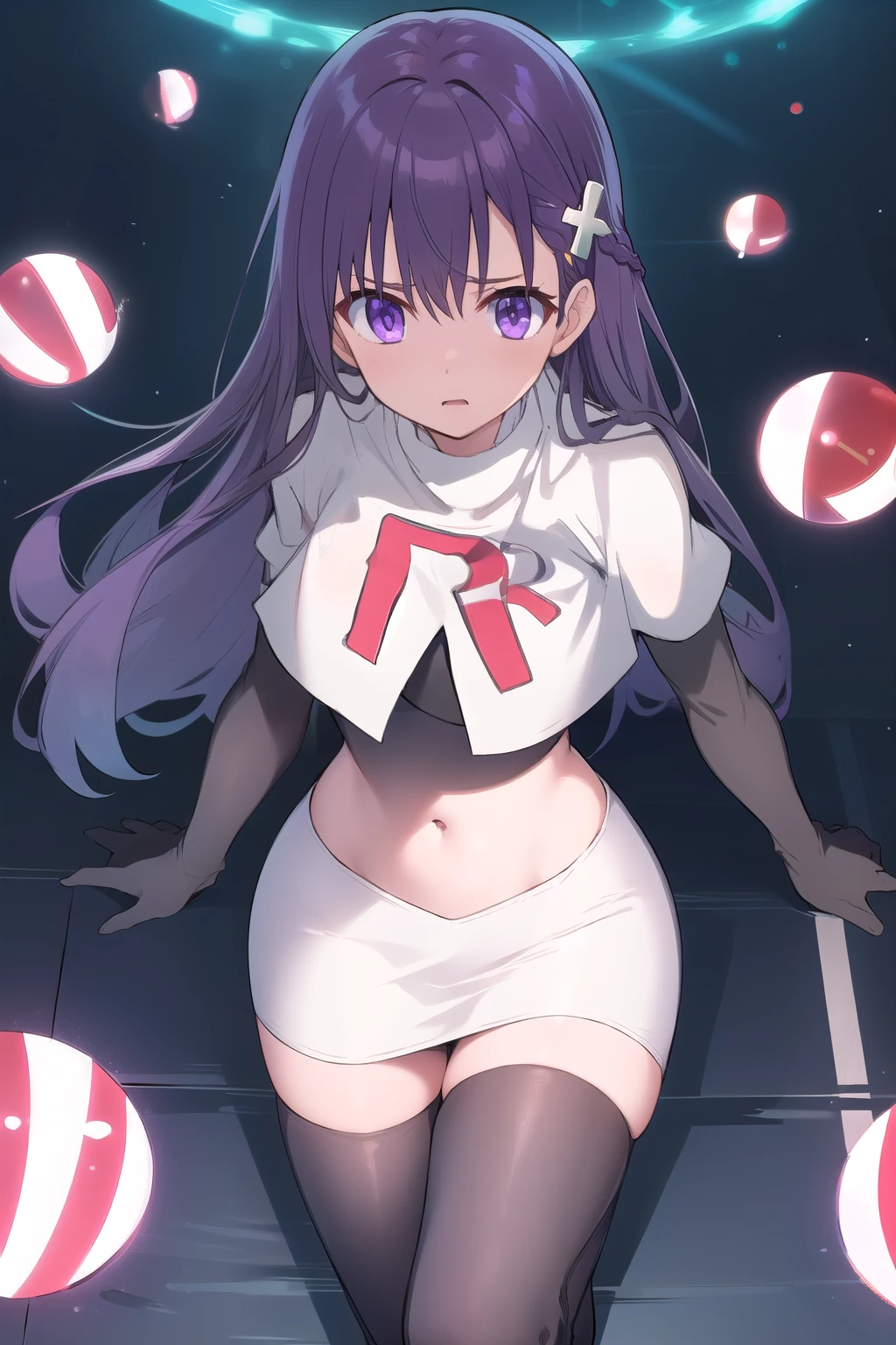 best quality, masterpiece, ElfinePhillet, purple hair, hair ornament, purple eyes, hair clover,scared, glowing magic orbs, team rocket,team rocket uniform,white skirt,red letter R,crop top,black thigh-highs,black elbow gloves
