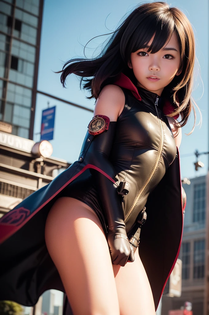 1 girl, young, 18 year old, Asian girl, full body from head to toe, realistic, realistic face, realistic eyes, worried, looks over her shoulder, side lighting, wallpaper, looks at viewer, futuristic steampunk buildings in background, long cape and sleeveless hood, cut out front of one piece swimsuit, ground earth, outdoors, hold steampunk sword in left hand, fly in the sky with steampunk jet pack, dragon logo,