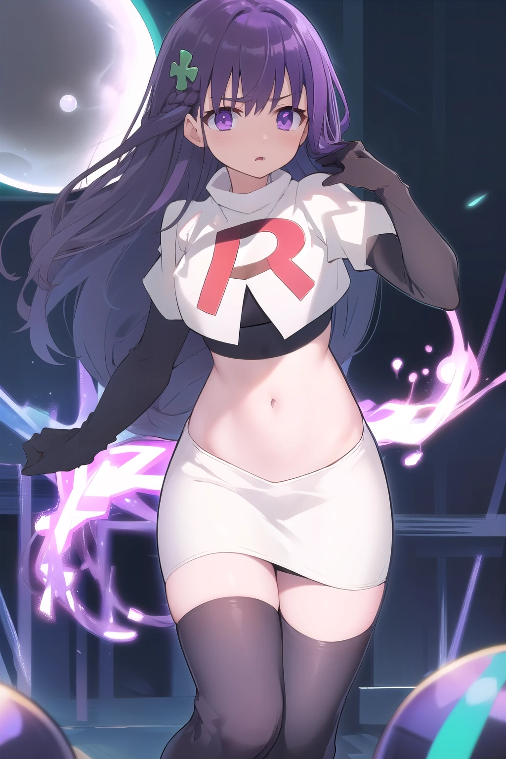 best quality, masterpiece, ElfinePhillet, purple hair, hair ornament, purple eyes, hair clover,scared, glowing magic orbs, team rocket,team rocket uniform,white skirt,red letter R,crop top,black thigh-highs,black elbow gloves