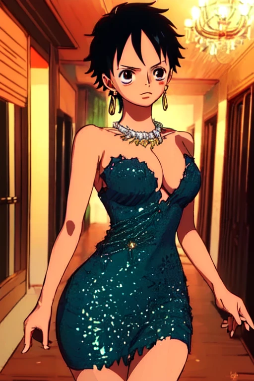 (masterpiece, best quality), beautiful detailed face, monkey_d_luffy, Luffy female, straw hat, scar under eye, genderswap, brown eyes, short black hair, elegant black dress, diamond necklace, emerald earrings, in the hall, intricate details, ethereal atmosphere, jewel-toned colors