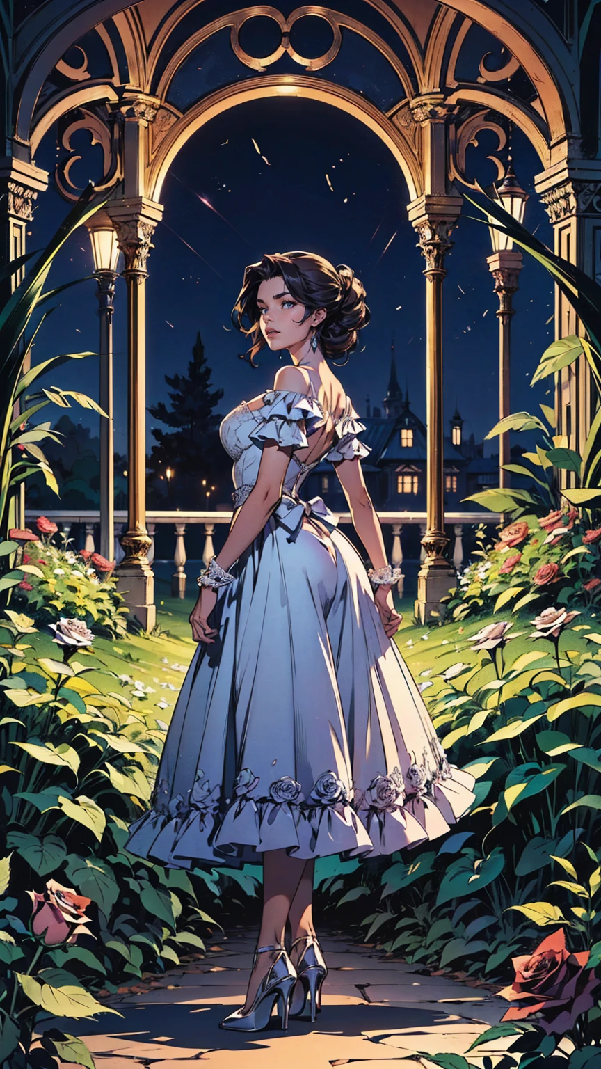 The most beautiful rose bush imaginable and an incredibly elegant young woman, superbly hairstyled, Espectacularmente maquillada y con un vestido deslumbrantemente fabuloso. In a dream garden on a magical night. (obra maestra) (mejor calidad)