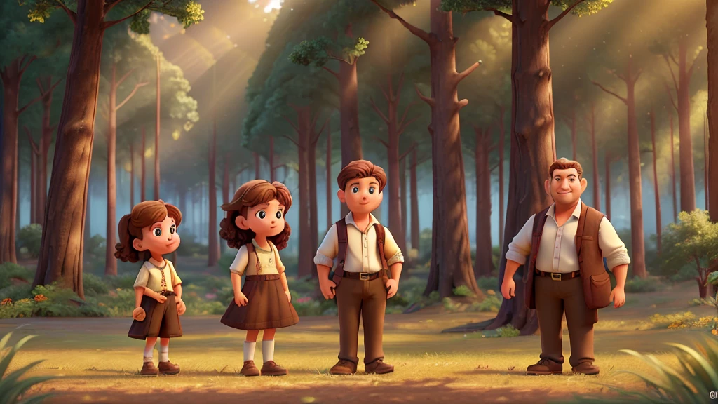 1 Brown hair girl, talking to 2 big tall men, illustrative of disney, field background (Best Quality, 4k, 8k,High resolution,masterpiece:1.2) , Great composition with great detail and colors, Retailer, beautiful forest, Sun rays, men smiling