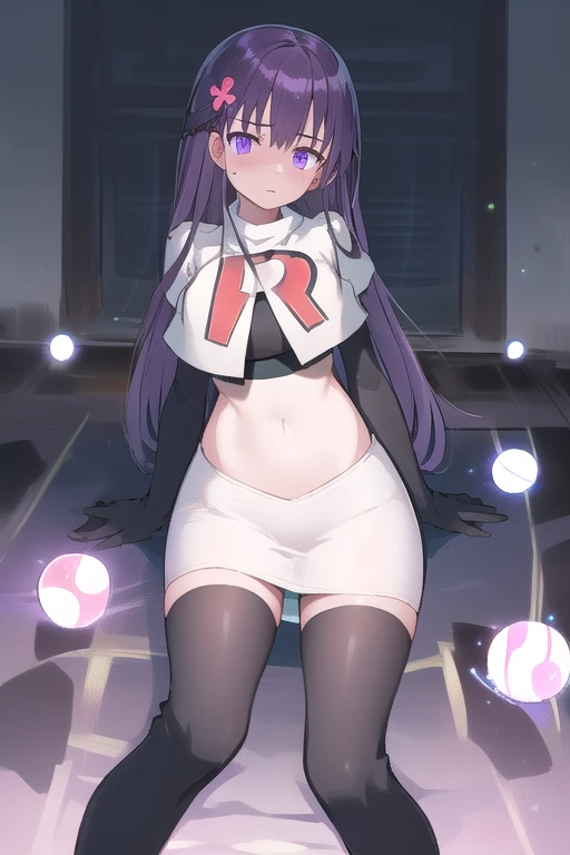 best quality, masterpiece, ElfinePhillet, purple hair, hair ornament, purple eyes, hair clover, red lips,scared, glowing magic orbs, team rocket,team rocket uniform,white skirt,red letter R,crop top,black thigh-highs,black elbow gloves