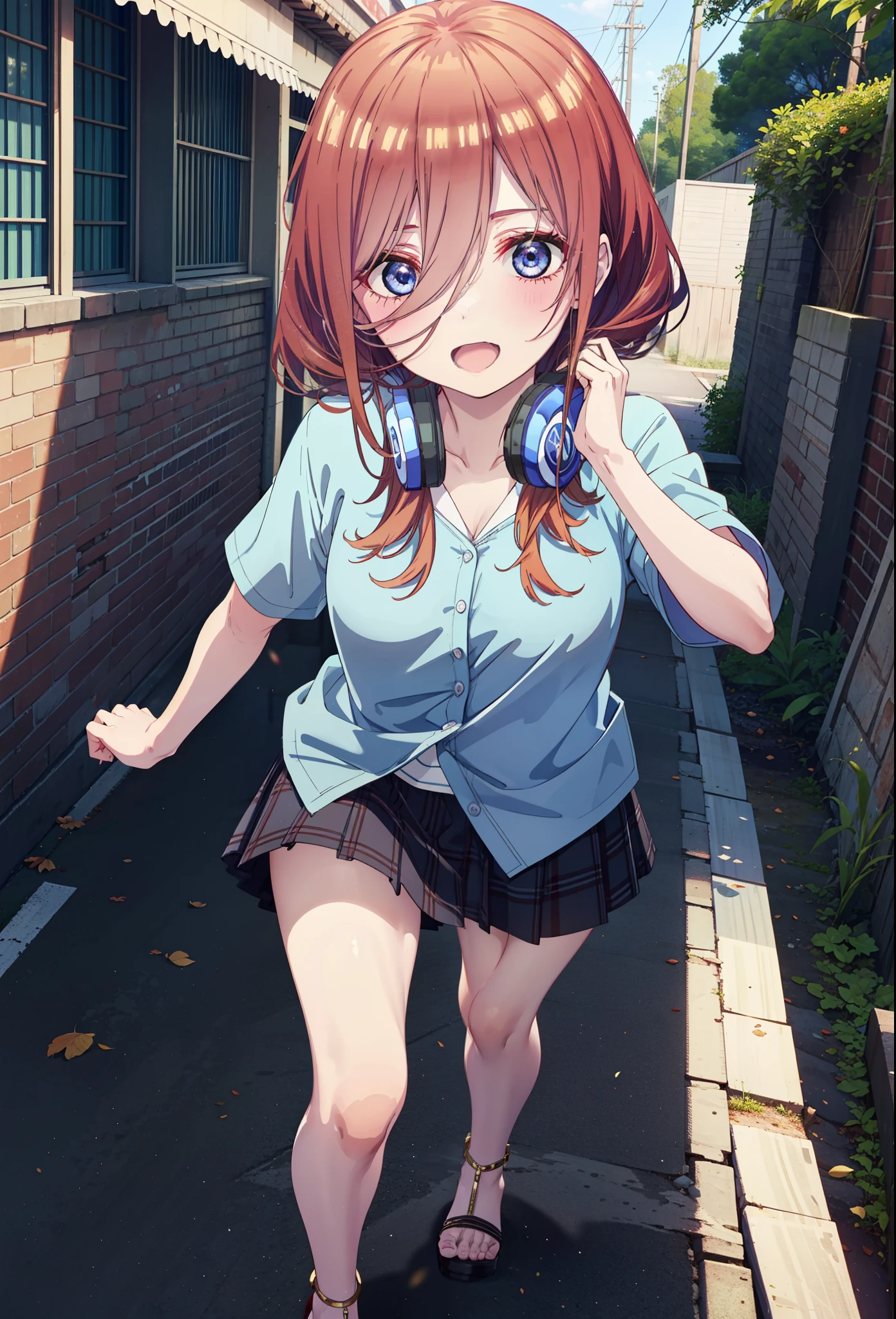 Miku Nakano, miku nakano, Long Hair, bangs, blue eyes, Brown Hair, shirt, Hair between the eyes, Headphones around neck,happy smile, smile, Open your mouth,オーバサイズワンショルダー青色shirt,Short sleeve,mini skirt,Heeled Sandals,Walking,morning,morning陽,Clear skies,Palm tree,whole bodyがイラストに入るように,
break outdoors, tropical,Building district,
break looking at viewer,whole body, 
break (masterpiece:1.2), Highest quality, High resolution, unity 8k wallpaper, (figure:0.8), (Beautiful attention to detail:1.6), Highly detailed face, Perfect lighting, Highly detailed CG, (Perfect hands, Perfect Anatomy),