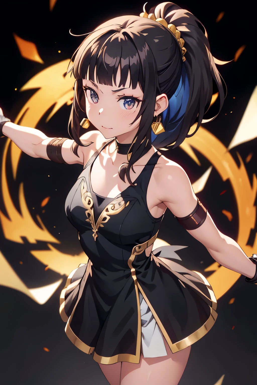 Yor Briar, Beautiful woman in anime style, One girl, Happy, Sexy pose,(輝く瞳と伝染する笑faceで:0.9),red face, Mouth closed, Beautiful attention to detail, Highly detailed skin, Backlight, Exposing shoulders, Black background, black dress, black gloves, Black Hair, chest, Tank top, Earrings, fingerless gloves, Floating Hair, gloves, gold Earrings, gold hair band, hair 花, hair ornaments, hair band, Holding, Holding arms, jewelry, large chest, Long Hair,ponytail,View your viewers, off-the-shoulder dress, Off the shoulder,Red eyes, Long Hairの短い髪, Side Lock, alone, spike, Thighs, two-sided dress, Double-sided fabric, arms, Combat Stance , face, close, From above, Highest quality, View your viewers,High resolution.