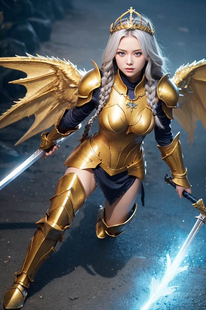prick々Holy warrior in beautiful golden armor、Golden Wings、Golden Tiara、Full body golden armor、Dragon scale armor、Heavy golden armor、blue eyes、Silver Hair、Braided Hair、Big Breasts、Big Great Sword、