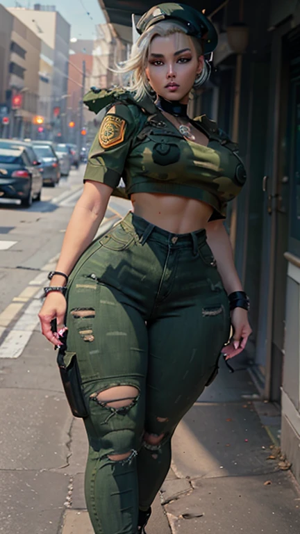 Asian bimbo girl,bronze tan,chubby cheeks, pouting lips, big firm pointed tits ,blue eyes,short haircut Mohawk blond , narrow waist,bubble butt,wide hips,thick thighs,long legs,athletic figure,perfect abs,(clothes: Tight green camouflage pants with high waist,torn crop top black,badge on the neck,black berets,body holster,leg holster,black choker ,nose piercing ),long fingernails,manicure,(ecstasy face),(high quality),(hyper realistic),( realism),(8K,UHD),wide claves,(sexy pose,show ass ),(sluty makeup),((masterpiece)),(role model: military ),((detailed face)),bright makeup,smoky eyes,(location:night club ,neon lights ),(night),half face,rear view 