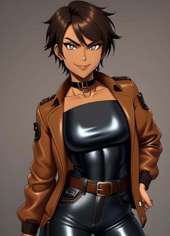 high quality, extremely detailed, perfect face, 1girl, solo, tomboy, midriff, (tan-bronze skin), (Amber colored irises), short brown hair, (Wearing: blue jacket, choker, Strapless black top, Belt, Black leather pants), ahoge, piercings, toned, smug smile, carefree expression
