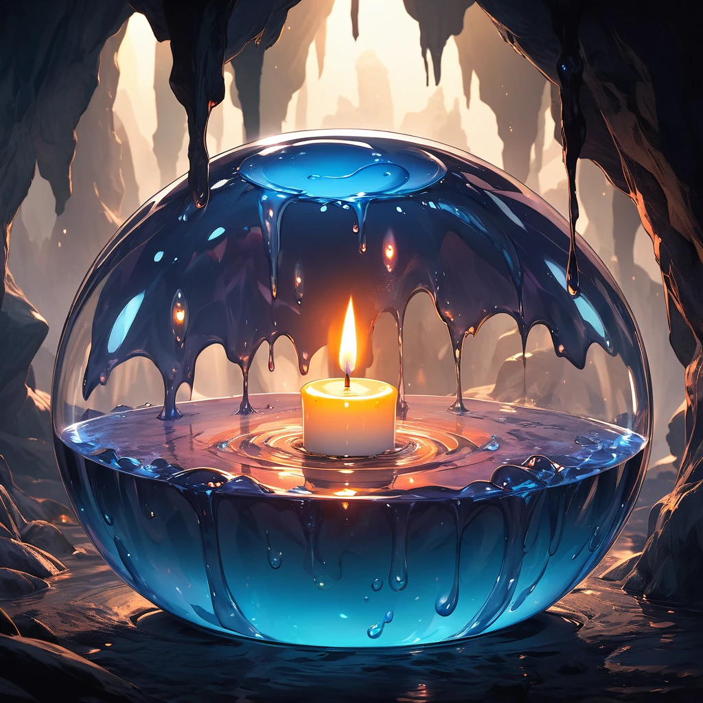 Slime that has absorbed a candle, All in one, Very transparent nature, High viscosity, Elasticity due to surface tension, Soft candle light, Emphasizes and diffuses light outside the body, Dramatic lighting in dark caves,  Give the viewer a fantastic impression