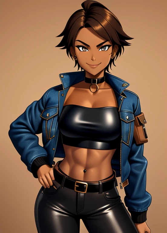 high quality, extremely detailed, perfect face, 1girl, solo, tomboy, midriff, (tan-bronze skin), (Amber colored irises), short brown hair, (Wearing: blue jacket, choker, Strapless black top, Belt, Black leather pants), ahoge, piercings, toned, smug smile, carefree expression
