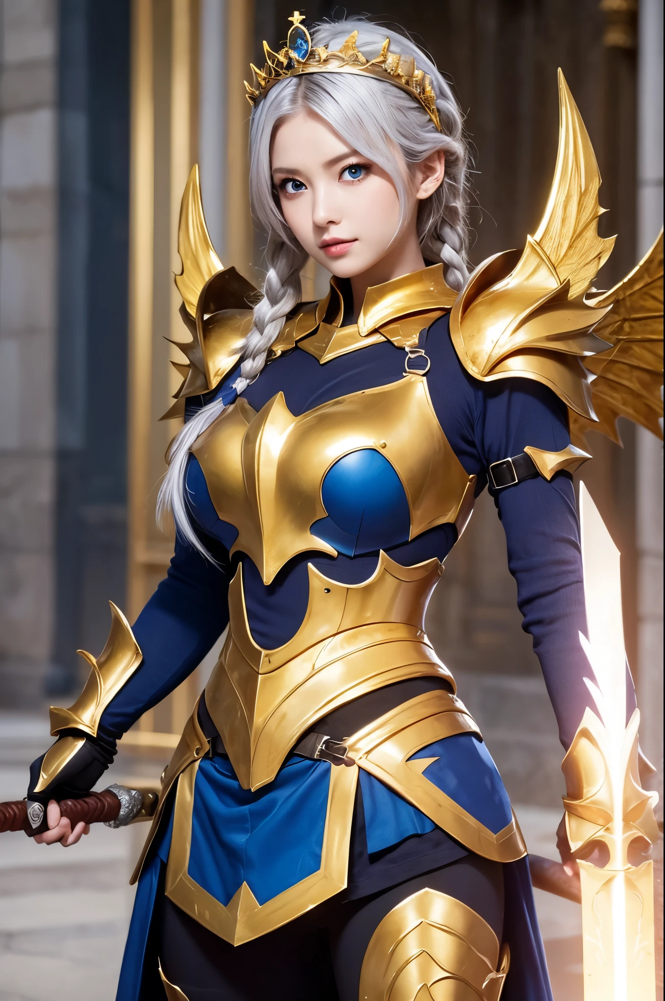 prick々Holy warrior in beautiful golden armor、Golden Wings、Golden Tiara、Full body golden armor、Dragon scale armor、Heavy golden armor、blue eyes、Silver Hair、Braided Hair、Big Breasts、Big Great Sword、