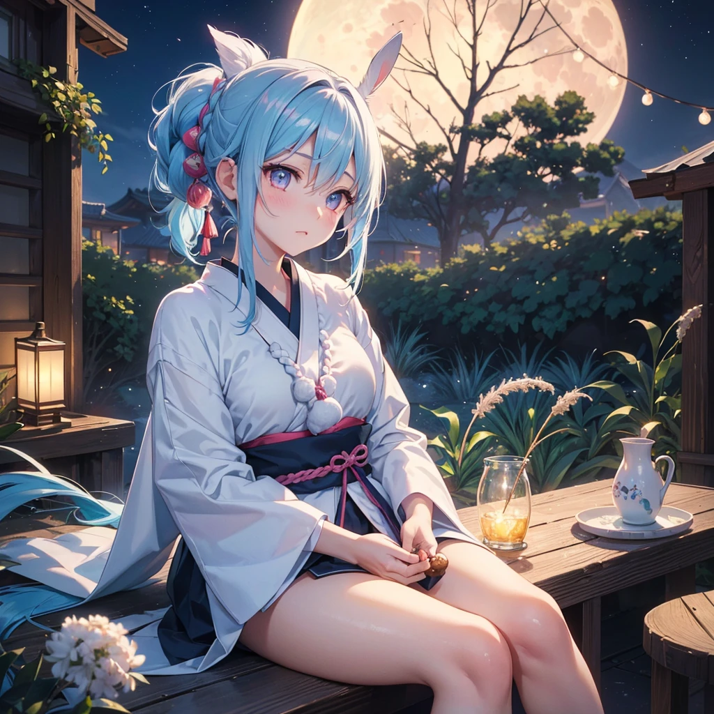 Sky blue hair, (Braided Ponytail:1.2), Pink eyes,Fair skin ,(whole body),(One Girl),Tsukimi,(White sweet dumplings ),White round dumplings,Japanese pampas grass,(beautiful, Full moon shining in the night sky),(masterpiece, Highest quality, Very detailed, Best Shadow), (Detailed Background), (Beautifully detailed face), High Contrast, (Best lighting, Very delicate and beautiful), ((Cinematic Light)), colorful, Hyper Detail,8k, Dramatic Light, Intricate details,Sit and eat dumplings while watching the moon,(Shadow of a rabbit on the moon),mysterious