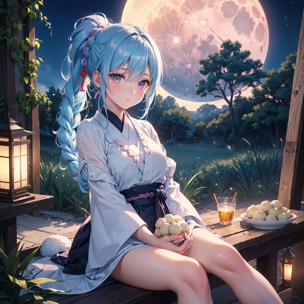 Sky blue hair, (Braided Ponytail:1.2), Pink eyes,Fair skin ,(whole body),(One Girl),Tsukimi,(White sweet dumplings ),White round dumplings,Japanese pampas grass,(beautiful, Full moon shining in the night sky),(masterpiece, Highest quality, Very detailed, Best Shadow), (Detailed Background), (Beautifully detailed face), High Contrast, (Best lighting, Very delicate and beautiful), ((Cinematic Light)), colorful, Hyper Detail,8k, Dramatic Light, Intricate details,Sit and eat dumplings while watching the moon,(Shadow of a rabbit on the moon),mysterious