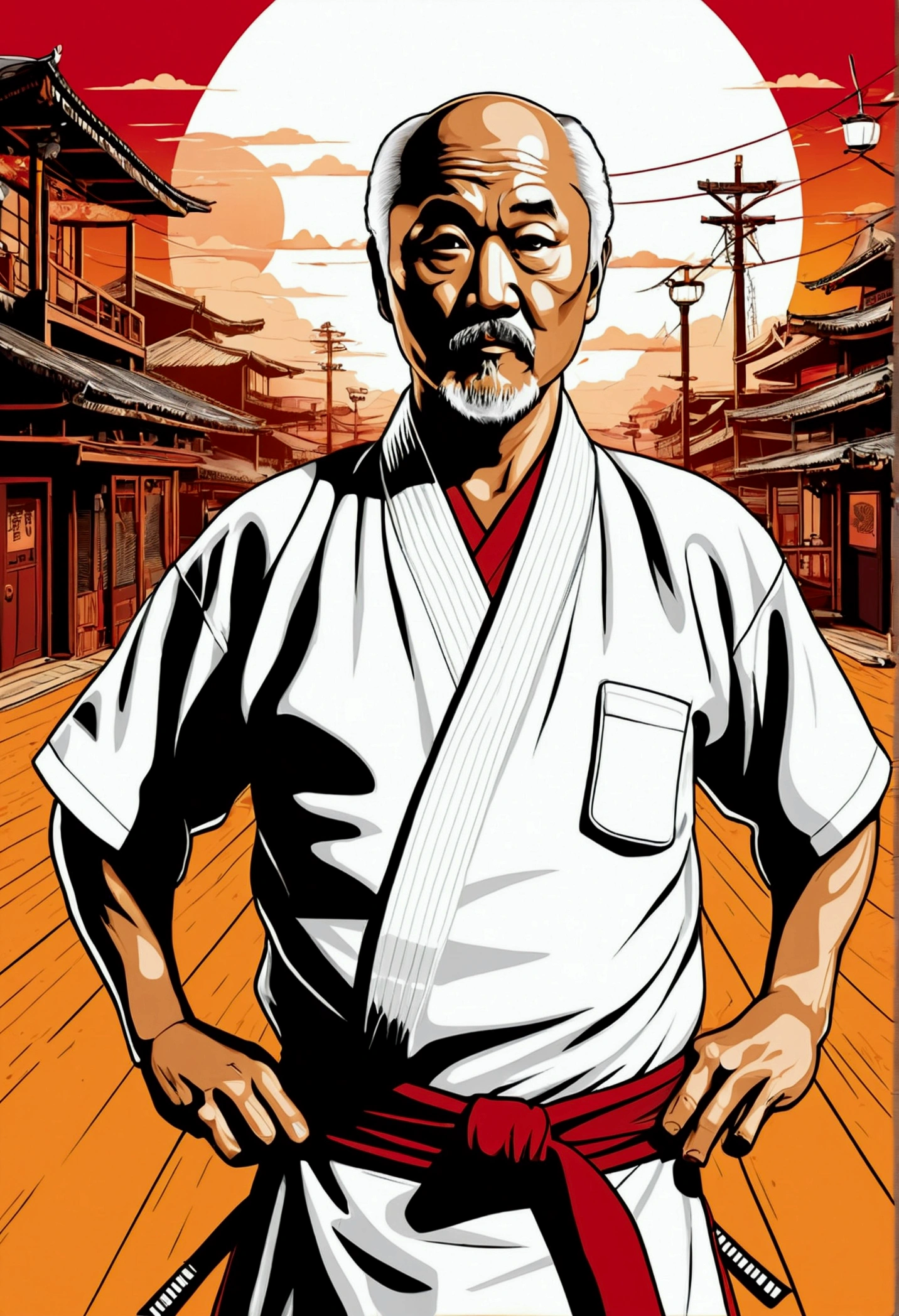 High quality design vector style image, t-shirt print style, graphic art of mr miyagi from karate kid, in white kimono, white background realistic colors, american old west scene in saloon, vector image. In the background, a cyberpunk detail, Tokyo with lights and colors focused on red and orange as a base tone.