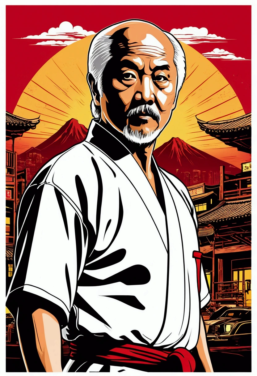 High quality design vector style image, t-shirt print style, graphic art of mr miyagi from karate kid, in white kimono, white background realistic colors, american old west scene in saloon, vector image. In the background, a cyberpunk detail, Tokyo with lights and colors focused on red and orange as a base tone.