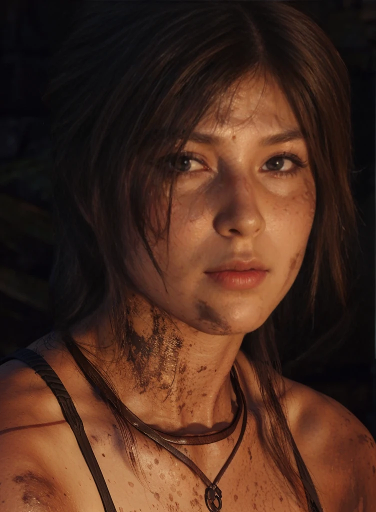 Lara Croft, eyes browns, (best qualityer, ultra detali), (realisitic:1.37), beautiful and detailed face, ultra-realisitic texture, 精致的面容, Delicate body, red lipgloss stick, shiny colors. High definition, 8k.
