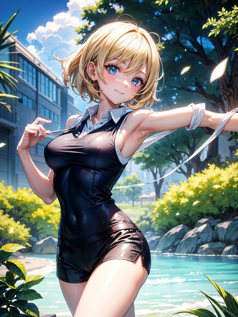 Anime style, super fine illustration, highly detailed, beautiful detailed, pale tone image, static representation, gentle expression, 8k, pretty 1girl with blonde straight short hair & blue eyes & a bright smile & full bust & soft fair skin is wearing the black polo shirt & sportshorts, in the park, in the morning, in the brilliant particles of lights, romantic stories, solo, perfect 5fingers, perfect arms, perfect legs, masterpiece.