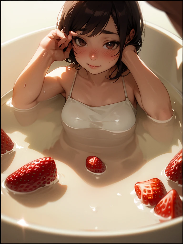 (Sumilux f1.4 50mm , low Latitude old color negative film , cross process , bokeh, flare, chromatic aberration , soft focus, (Shallow focus) , soft glow , Maximum aperture, low Key , Transparent depiction) , (coquettish Dairy cow bbw) , strawberrys , Kama Sutra , (hide with strawberry) , (hide with condense milk) , short camisole , in the condense Milk bath , Stimulate with strawberries