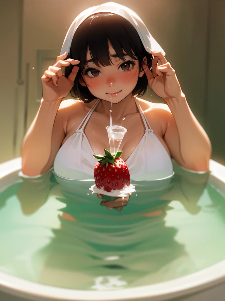 (Sumilux f1.4 50mm , low Latitude old color negative film , cross process , bokeh, flare, chromatic aberration , soft focus, (Shallow focus) , soft glow , Maximum aperture, low Key , Transparent depiction) , (coquettish Dairy cow bbw) , strawberrys , Kama Sutra , (hide with strawberry) , (hide with condense milk) , short camisole , in the condense Milk bath , Stimulate with strawberries