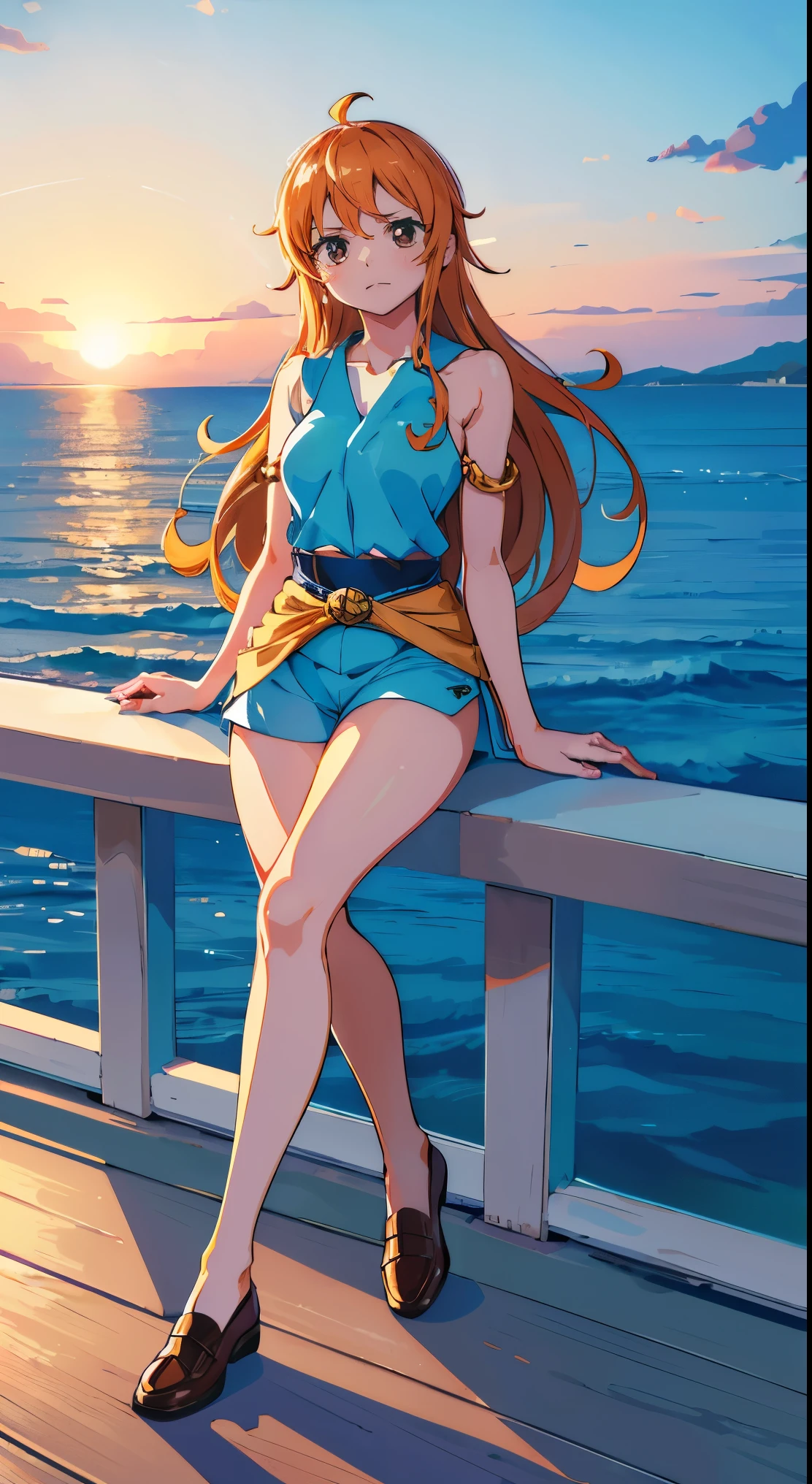 Nami is a character from the anime One Piece。, She's part of the Hay Hat cast. According to the description I requested, I will explain in detail Nami stretching on the ship using 3D technology.. (3d):
Nami is a young and cute ager., Around 18 years old. She has long brown hair, big, beautiful orange eyes, White skin and pretty facial features..
Nami has a slim and athletic body, If you are of average height. Have a symmetrical and well-defined body shape, Maintains a smooth, feminine figure.
As she stretched out on the boat、, Nami appears in her traditional attire. You are wearing a knee-length light blue shirt, And shorts of the same color. 彼女はAlso、Yellow belt around the waist、I'm wearing brown shoes..
Nami stretches her legs、Hands placed behind the head or on a small pillow。... Enjoy the fresh air and ocean views、Look calm and relaxed.
Allows visualization of ships and the ocean floor in 3D graphics, A place where you can see the details of the waves and clear blue skies..
I hope you liked this explanation。Also、ナミが船の上で3dでリアルにストレッチしている様子を想像するのに役立つことを願っています。.