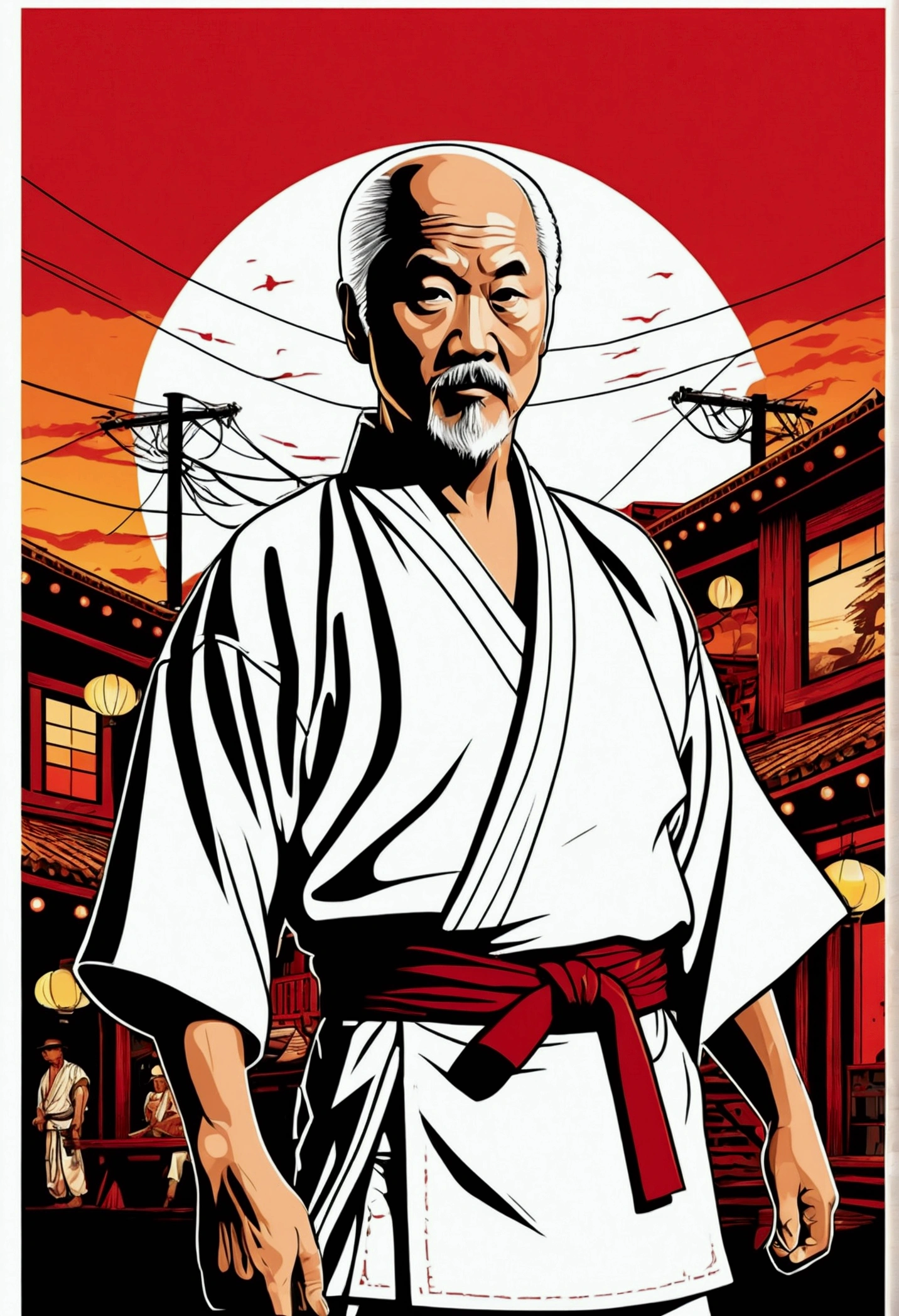 High quality design vector style image, t-shirt print style, graphic art of mr miyagi from karate ???, in white kimono, white background realistic colors, american old west scene in saloon, vector image. In the background, a cyberpunk detail, Tokyo with lights and colors focused on red and orange as a base tone.
