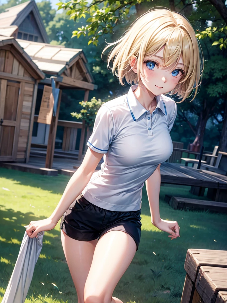 Anime style, super fine illustration, highly detailed, beautiful detailed, pale tone image, static representation, gentle expression, 8k, pretty 1girl with blonde straight short hair & blue eyes & a bright smile & full bust & soft fair skin is wearing the black polo shirt & sportshorts, in the park, in the morning, in the brilliant particles of lights, romantic stories, solo, perfect 5fingers, perfect arms, perfect legs, masterpiece.