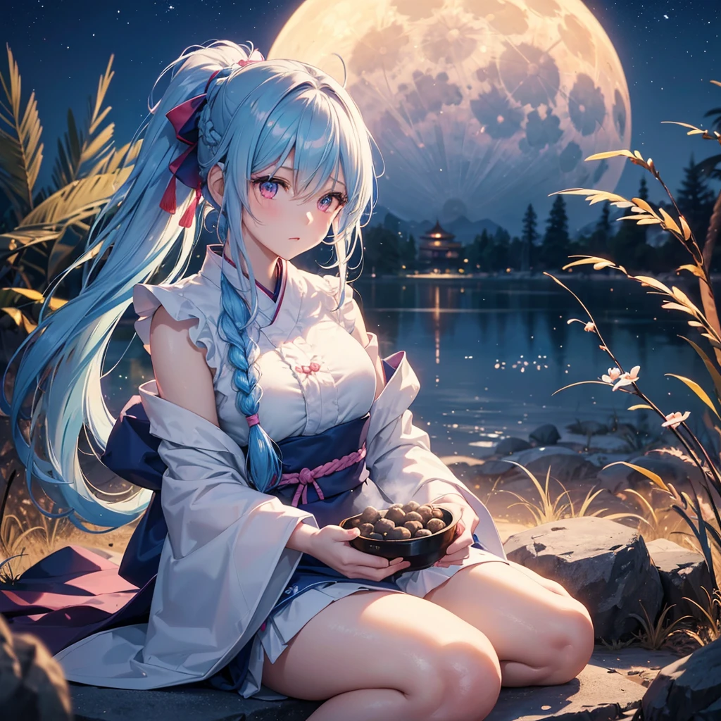 Sky blue hair, (Braided Ponytail:1.2), Pink eyes,Fair skin ,(whole body),(One Girl),Tsukimi,(White sweet dumplings ),White round dumplings,Japanese pampas grass,(beautiful, Full moon shining in the night sky),(masterpiece, Highest quality, Very detailed, Best Shadow), (Detailed Background), (Beautifully detailed face), High Contrast, (Best lighting, Very delicate and beautiful), ((Cinematic Light)), colorful, Hyper Detail,8k, Dramatic Light, Intricate details,Sit and eat dumplings while watching the moon,(Shadow of a rabbit on the moon),mysterious