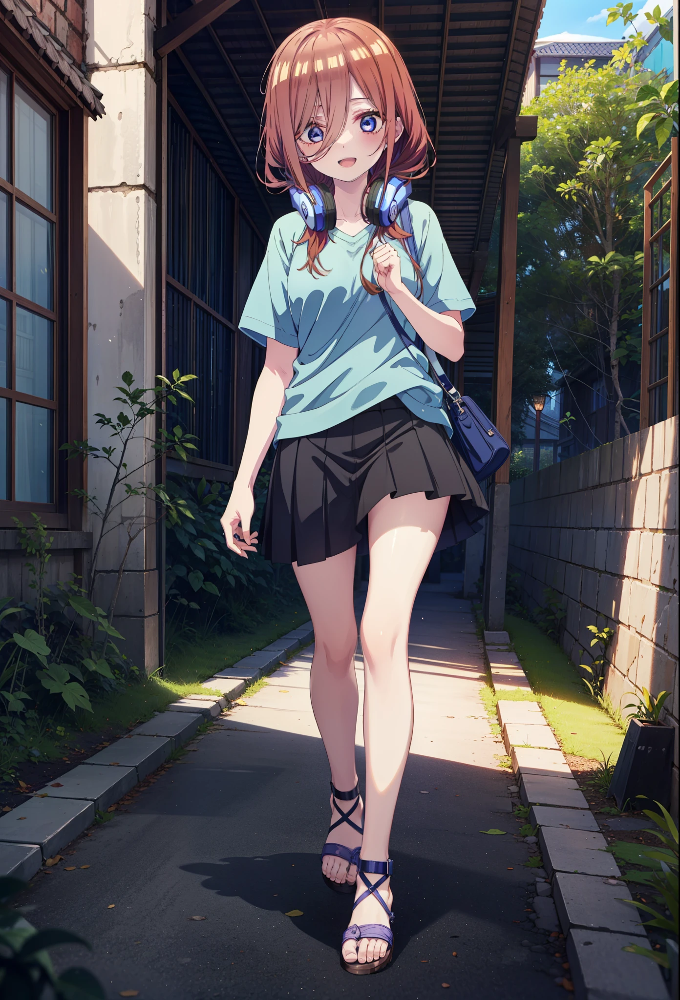 Miku Nakano, miku nakano, Long Hair, bangs, blue eyes, Brown Hair, shirt, Hair between the eyes, Headphones around neck,happy smile, smile, Open your mouth,オーバサイズワンショルダー青色shirt,Short sleeve,mini skirt,Heeled Sandals,Walking,morning,morning陽,Clear skies,Palm tree,whole bodyがイラストに入るように,
break outdoors, tropical,Building district,
break looking at viewer,whole body,
break (masterpiece:1.2), Highest quality, High resolution, unity 8k wallpaper, (figure:0.8), (Beautiful attention to detail:1.6), Highly detailed face, Perfect lighting, Highly detailed CG, (Perfect hands, Perfect Anatomy),