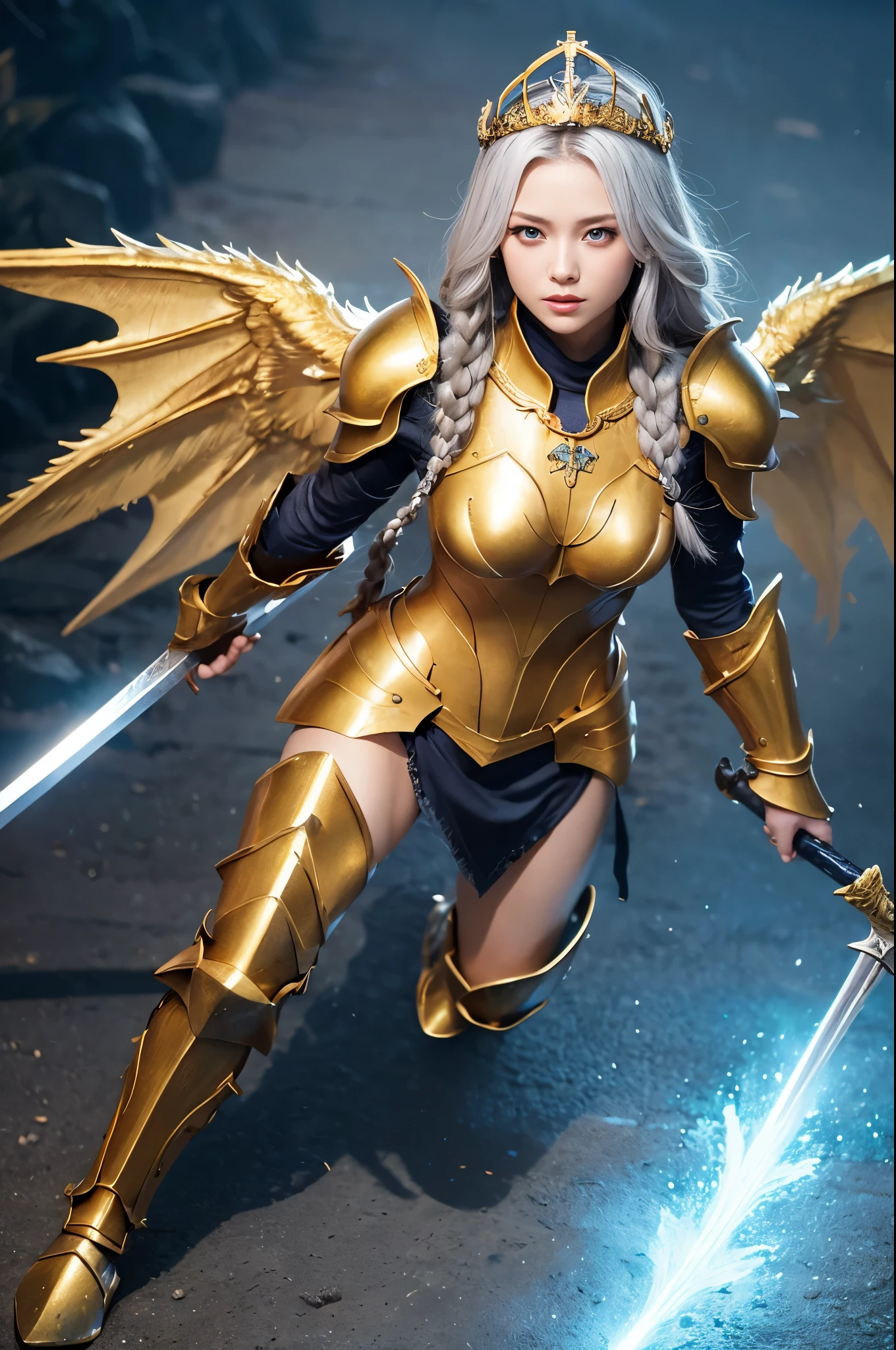 prick々Holy warrior in beautiful golden armor、Golden Wings、Golden Tiara、Full body golden armor、Dragon scale armor、Heavy golden armor、blue eyes、Silver Hair、Braided Hair、Big Breasts、Big Great Sword、