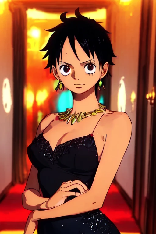 (masterpiece, best quality), beautiful detailed face, monkey_d_luffy, Luffy female, straw hat, scar under eye, genderswap, brown eyes, short black hair, elegant black dress, diamond necklace, emerald earrings, in the hall, intricate details, ethereal atmosphere, jewel-toned colors