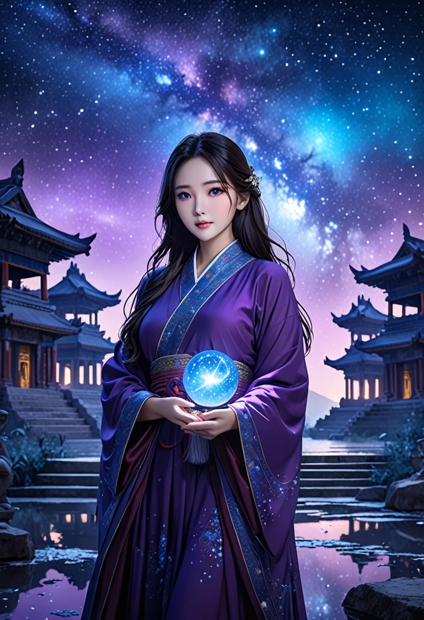 HDR, UHD, 8K, Highly detailed, best quality, masterpiece, 1girl, realistic, Highly detailed, (EOS R8, 50mm, F1.2, 8K, RAW photo:1.2), ultra realistic 8k cg,,yunyun, BY MOONCRYPTOWOW, Details,
Cold and mysterious atmosphere, dark purple robes, eyes shining with ice blue light with a calm look, the star staff held tightly in the hand, the breath of the universe emanates from the figure, the star mage, ancient Indian background, the background is Starry night and ancient temple, stars twinkling in the night sky, mysterious lights with purple and blue lights, high contrast purple and blue color scheme, mysterious and full of mysteries, nebulae rolling in the distant sky, star god lurking deep in the temple, majestic And awe-inspiring, the scenes hide astral secrets and cosmic truths.