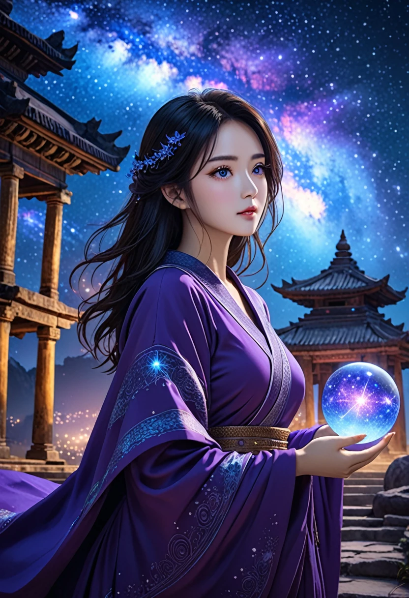 HDR, UHD, 8K, Highly detailed, best quality, masterpiece, 1girl, realistic, Highly detailed, (EOS R8, 50mm, F1.2, 8K, RAW photo:1.2), ultra realistic 8k cg,,yunyun, BY MOONCRYPTOWOW, Details,
Cold and mysterious atmosphere, dark purple robes, eyes shining with ice blue light with a calm look, the star staff held tightly in the hand, the breath of the universe emanates from the figure, the star mage, ancient Indian background, the background is Starry night and ancient temple, stars twinkling in the night sky, mysterious lights with purple and blue lights, high contrast purple and blue color scheme, mysterious and full of mysteries, nebulae rolling in the distant sky, star god lurking deep in the temple, majestic And awe-inspiring, the scenes hide astral secrets and cosmic truths.