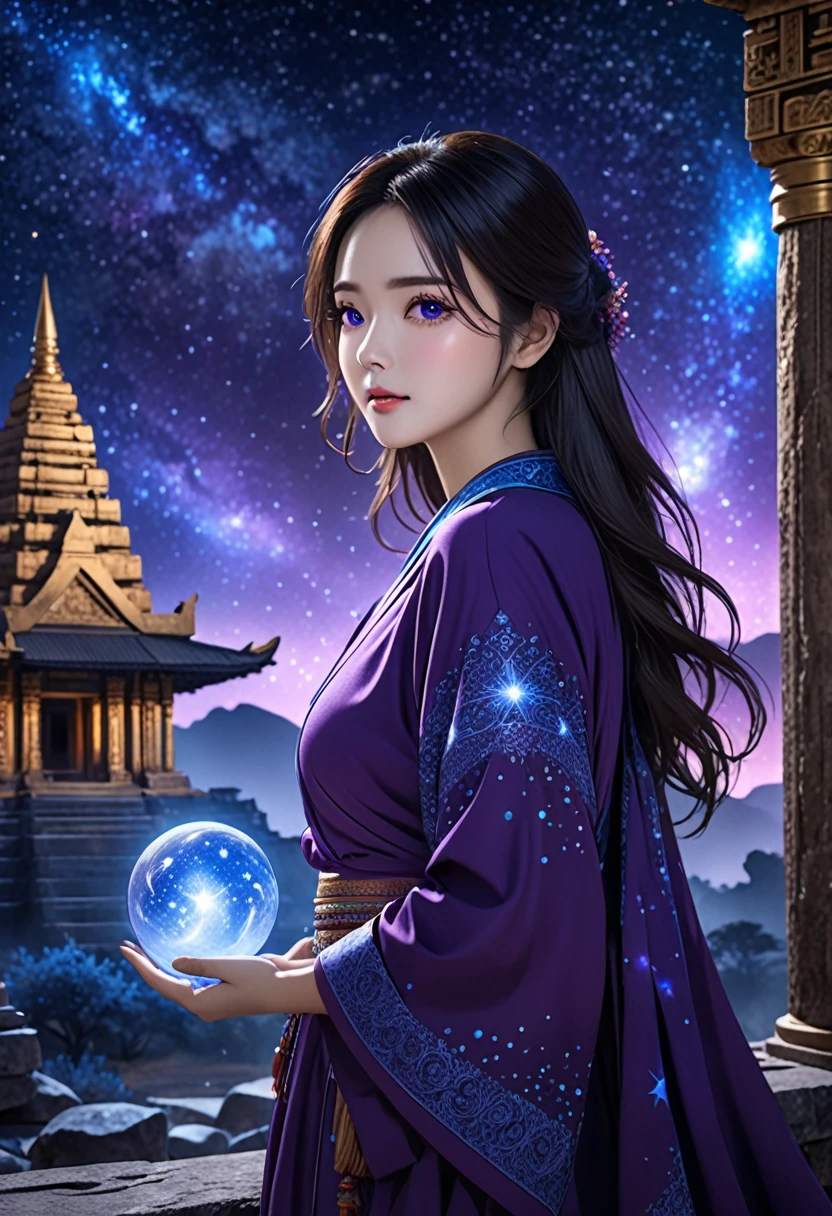 HDR, UHD, 8K, Highly detailed, best quality, masterpiece, 1girl, realistic, Highly detailed, (EOS R8, 50mm, F1.2, 8K, RAW photo:1.2), ultra realistic 8k cg,,yunyun, BY MOONCRYPTOWOW, Details,
Cold and mysterious atmosphere, dark purple robes, eyes shining with ice blue light with a calm look, the star staff held tightly in the hand, the breath of the universe emanates from the figure, the star mage, ancient Indian background, the background is Starry night and ancient temple, stars twinkling in the night sky, mysterious lights with purple and blue lights, high contrast purple and blue color scheme, mysterious and full of mysteries, nebulae rolling in the distant sky, star god lurking deep in the temple, majestic And awe-inspiring, the scenes hide astral secrets and cosmic truths.