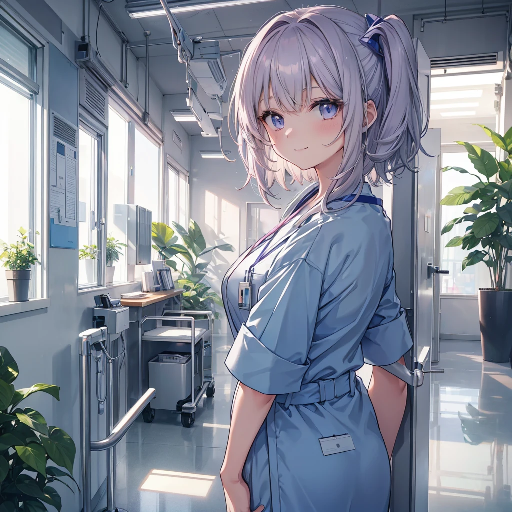 Nursing Aide Jobs. high resolution and detailed depiction. Please create an anime-style illustration of a young nurse aide. Display to the top of the head. She has soft, wavy short hair in a silver color with a subtle pink-purple tint. Her eyes are large, expressive, and blue, with a gentle yet serious expression. She is wearing light blue or white scrubs with a name tag. She is standing in a brightly lit hospital corridor, with plants and medical equipment in the background. The lighting is soft, casting gentle shadows to enhance the atmosphere. She is smiling.