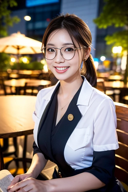 Highest quality, masterpiece, Ultra-high resolution, (Realistic:1.4), RAW Photos, 1 girl, Black Hair, Glowing Skin, Dramatic lighting, whole body, Female dog, , Small breasts,((Glasses、))、White jacket、Put your hair up、Shoulder、In front of a bar at night、smile、