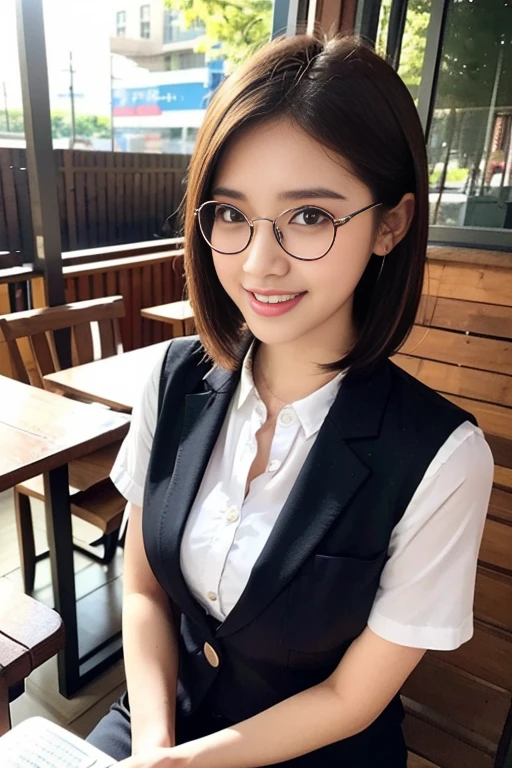 (A gorgeous Chinese lady, age 28, a professional lecturer wearing formal office attire, blazers, short-sleeve white shirt with pockets & buttons, pencil mini-skirt, sitting to read a book in a outdoor cafe,

(geeky, feminine, gentle, friendly), metal-frame spectacles, kind smile, dimpled cheeks, cute snaggle-tooth, short hair ponytail, bob hair trimmed, symmetrical face, beautiful detailed face, bright_and_full_of_warmth_eyes, detailed eyes, ample round bosom,

Award-winning, photorealistic, hyper-realism, high contrast, ultra HD, realistic skin textures, top image quality, top-quality, super high resolution, fine details, very meticulously, masterpiece, High angle shot, medium shot, cowboy shot, positive affirmation, serene ambience, bokeh night background, SFW)