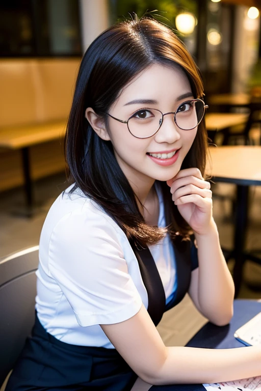 (A gorgeous Chinese lady, age 28, a professional lecturer wearing formal office attire, blazers, short-sleeve white shirt with pockets & buttons, pencil mini-skirt, sitting to read a book in a outdoor cafe,

(geeky, feminine, gentle, friendly), metal-frame spectacles, kind smile, dimpled cheeks, cute snaggle-tooth, short hair ponytail, bob hair trimmed, symmetrical face, beautiful detailed face, bright_and_full_of_warmth_eyes, detailed eyes, ample round bosom,

Award-winning, photorealistic, hyper-realism, high contrast, ultra HD, realistic skin textures, top image quality, top-quality, super high resolution, fine details, very meticulously, masterpiece, High angle shot, medium shot, cowboy shot, positive affirmation, serene ambience, bokeh night background, SFW)