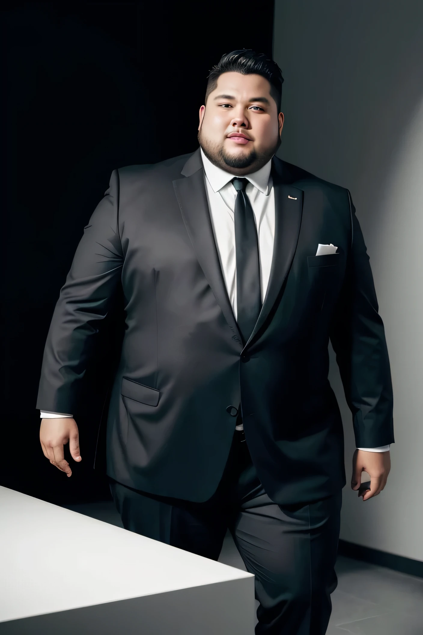 Create a realistic photo of a slightly overweight man in a black suit, with black slim tie. The background must be completely white, no details

