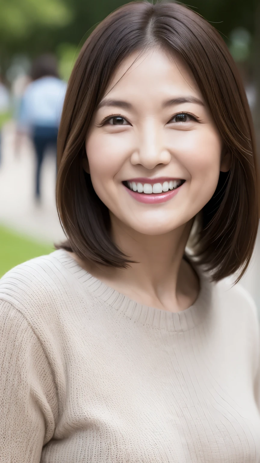 最high quality, In 8K, Masseter region, Real, Sharp focus, high quality, High resolution, Detailed face, Detailed eyes, Thick lips, (Look at the viewers), alone, Middle-aged women, , 60 years old, , Wavy Hair, , Wearing a plain short-sleeved knit, Standing in the park, Wrinkles around the eyes, Smiling with teeth showing